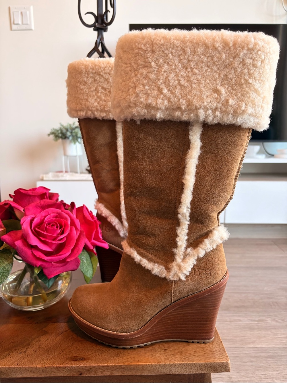 UGG Chestnut Suede Shearling Wedge Boots with Cream Trim